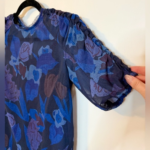 Ted Baker London Nixole Blue Purple Floral Ruched Sleeve Blouse Top- Size 0 - Picture 7 of 9